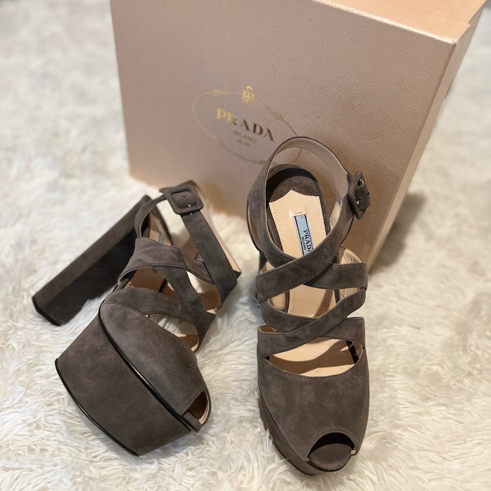 Prada gray suede chunky heels